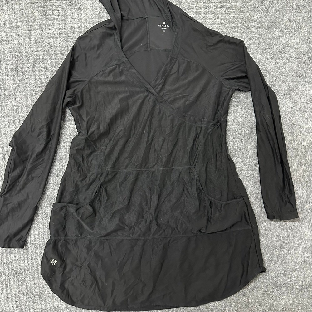 Athleta Hoodie Womens XL Black Long Sleeve Wrap Neck Kangaroo Tunic